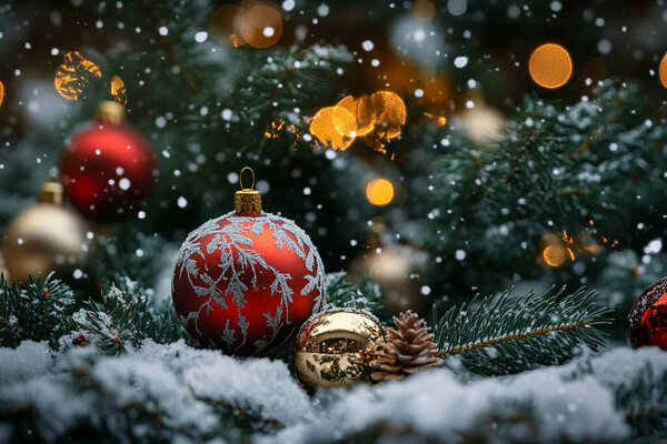 A beautiful holiday decoration featuring a red ornament among snow-covered pine branches, illuminated by soft lights.