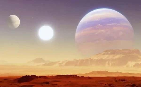 Bilimkurgu gezegeninin gerçekçi bir temsili. Mavi, mor ve sarı gökyüzü, güneş, yıldızlar, iki uzak ay, kırmızı kaya ve kum yüzeyi ve uzak dağlar.
