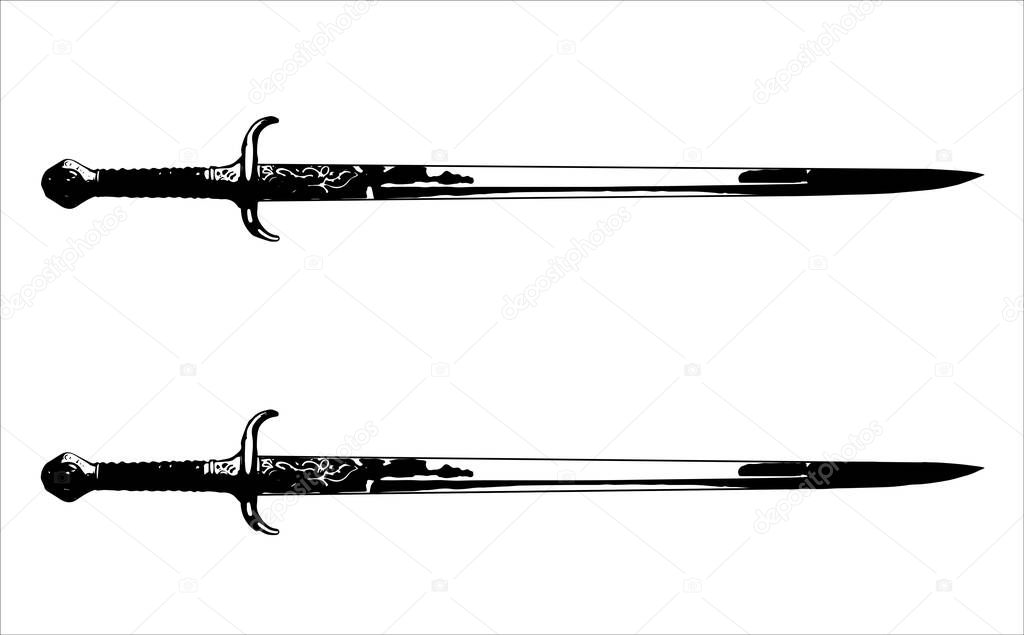 Artistic drawing of Middle Ages knight sword, vector illustration isolated on white background, sketch, logo, comics