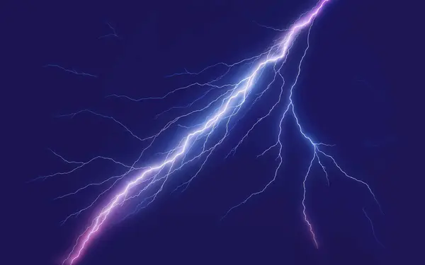 Yıldırımın ve şimşeğin gerçekçi bir gösterimi. Elektrik enerjisi patlaması. Beyaz ve mor renkte, koyu mavi gökyüzü arka planında parlıyor ve parlıyor.