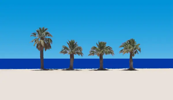 Deniz veya okyanus kıyısındaki kumlu kumlu sahildeki palmiye ağaçlarının gerçekçi temsili berrak, güneşli mavi gökyüzü ve berrak, mavi su, deniz kıyısı renkli manzara.