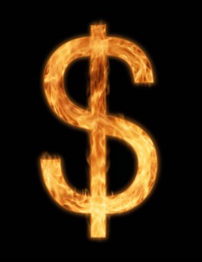 Dolar simgesi alevler içinde yanıyor, vektör illüstrasyonu siyah arkaplanda izole edildi