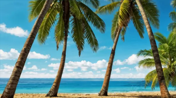 Deniz veya okyanus kıyısındaki kumlu kumsal üzerindeki palmiye ağaçlarının gerçekçi bir temsili. Gün ışığı mavi gökyüzü ve mavi su, deniz kıyısı tropikal manzara renklendirici.