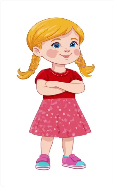 Küçük tatlı kız çizgi roman karakteri, beyaz arkaplanda izole edilmiş vektör çizimi.