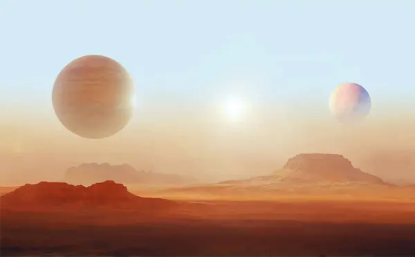 Mavi, mor, sarı ve turuncu gökyüzü güneş, haleli, iki ay, kırmızı kaya ve kum çorak çöl yüzeyi, sis ve dağlarla bilim kurgu gezegeninin gerçekçi temsili.
