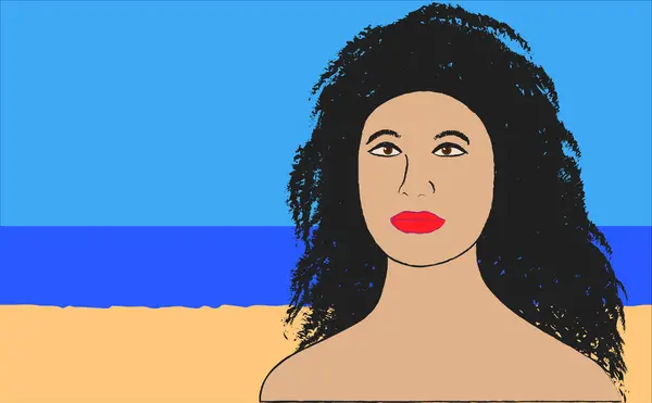 Güneşli mavi deniz kumsalındaki güzel esmer kadın çizgi film veya çizgi roman tarzında vektör çizimi.