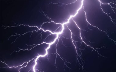 Şimşek ve gök gürültülü fırtına, yıldırım, karanlık gece gökyüzü, ışık ve ışık, gri, mavi, mor ve beyaz renkler, gök gürültüsü, gök gürültüsü gerçekçi vektör çizimi