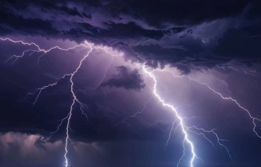 Şimşek ve gök gürültülü fırtına, elektrik şimşeği, karanlık gece gökyüzü, ışık ve ışık, gri, mavi, mor ve beyaz renkler, gök gürültüsü ve şimşek, gerçekçi vektör çizimi