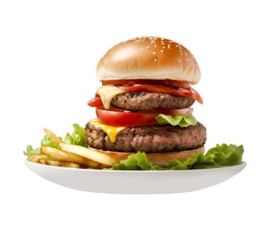 Taze lezzetli hamburger. Beyaz arka planda et ve peynirli büyük taze hamburger. Çörek, peynir, salata, kırmızı soğan ve beyaz arka planda izole edilmiş taze domatesli hamburgerden oluşuyor. Büyük duble çizburger ve tavuk pirzolası..