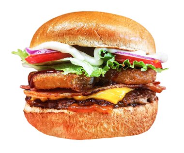 Taze lezzetli hamburger. Beyaz arka planda et ve peynirli büyük taze hamburger. Çörek, peynir, salata, kırmızı soğan ve beyaz arka planda izole edilmiş taze domatesli hamburgerden oluşuyor. Büyük duble çizburger ve tavuk pirzolası..
