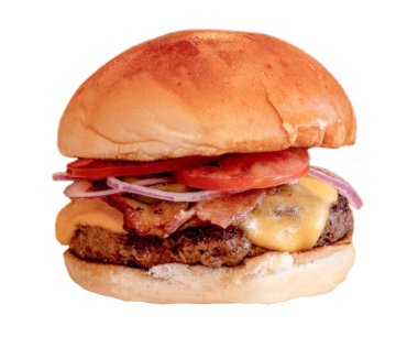 Biftekli, turşulu klasik çizburger. Peynir, domates. Soğan. Beyaz arka planda marul ve ketçap hardalı var. Beyaz arka planda izole edilmiş taze lezzetli burger. .