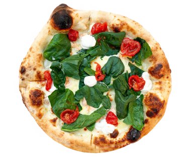  Beyaz arka planda margherita pizza baharatlı, domatesli ve mozzarella peynirli Napoli pizzası. Mozzarella peynirli pizza, domates sosu, kalın hamurlu ıspanak..