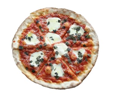 Bizon mozzarella ve fesleğenli ev yapımı İtalyan Margherita pizzası. Beyaz arkaplandaki en iyi manzara. Mozzarella peynirli pizza, domates sosu, kalın hamurlu ıspanak..