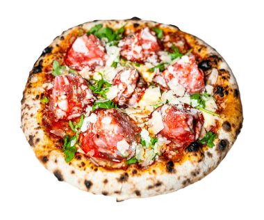 Bizon mozzarella ve fesleğenli ev yapımı İtalyan Margherita pizzası. Geleneksel geleneksel kraliçe beyaz arka planda pepperoni pizza dilimleri. Peynirli pizza, domates.