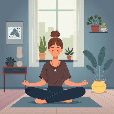 Bitkilerle dolu bir odada meditasyon yapan bir kız. Çapraz bacaklı ve gözleri kapalı genç bir kadın evde meditasyon yapıyor. Düz çizgi film çizimi..