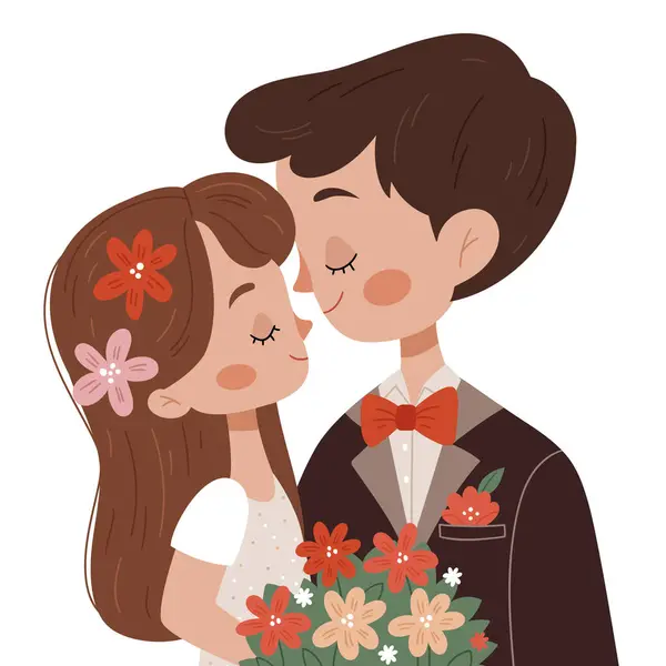 Düğün davetiyesi. Gelin ve damadın olduğu güzel bir düğün kartı, narin çiçekler. Vektör illüstrasyonu.