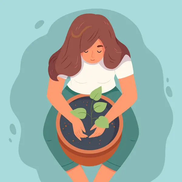 Kız bitkileri naklediyor. En iyi manzara. Kadın seramik saksıya çimenlik toprak koyuyor..