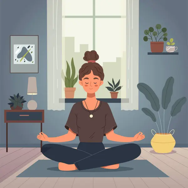 Bitkilerle dolu bir odada meditasyon yapan bir kız. Çapraz bacaklı ve gözleri kapalı genç bir kadın evde meditasyon yapıyor. Düz çizgi film çizimi..