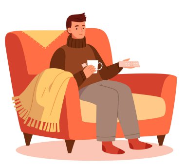 Adam kanepede kahve Kupası vektör çizim ile Tv izliyor. TV ve içecek kahve izlerken, evde kanepede relax