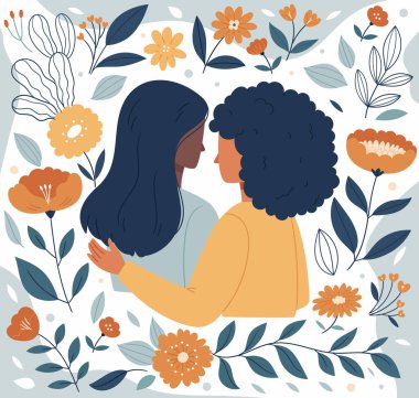 Birbirlerine bakan kadın karakterler. Aşık lezbiyen bir çiftin portresi. Kadın şefkati ve tutkusu kavramı. Düz vektör çizgi filminde LGBT romantik ilişkisi