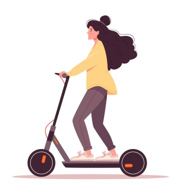 Elektrikli scooter kullanan bir kız. Genç bir kadının günlük rutinleri ve günlük aktiviteleri yürümeye zaman ayırıyor. Modern ulaşım. Düz çizgi film vektör çizimi.