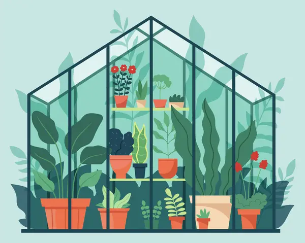 Serada çiçek ve bitki yetiştiriyor. Cam ev ya da botanik bahçesi. Ev bahçesi kavramı..