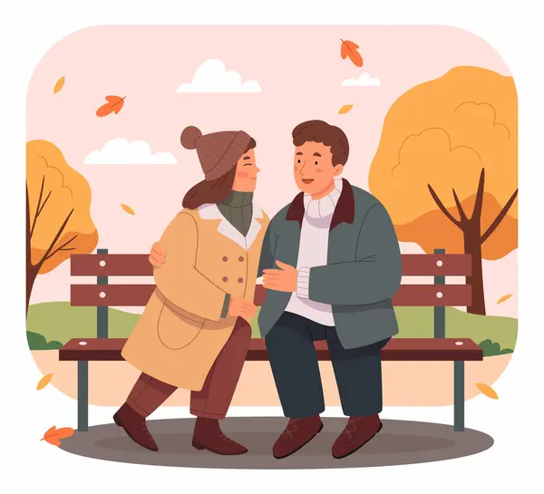 Erkek ve kadının parkta randevusu var. Romantik bir çift bankta oturuyor ve gülümsüyor. İki sevgili birlikte vakit geçirir. Çizgi film tarzında vektör illüstrasyonu