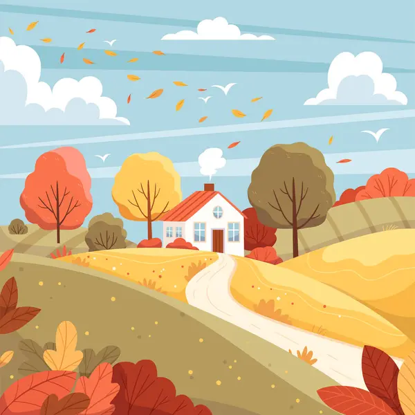 Güzel bir sonbahar evi. Sonbahar manzarası, kırsal manzara, sonbahar havası. Kırsal evler, rahat kır evleri çizimi. Düz vektör el çizimi.