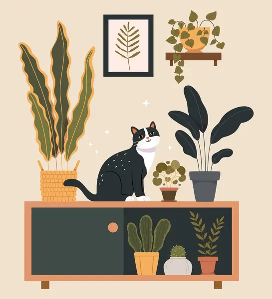 Dolapta ya da büfede oturan kedilerle, saksılarda, duvar resimlerinde, sepetlerde duran kedilerle dolu rahat bir oda. Mobilyalı kompozisyon ve ev dekorasyonu Hygge tarzında. Düz vektör illüstrasyonu.