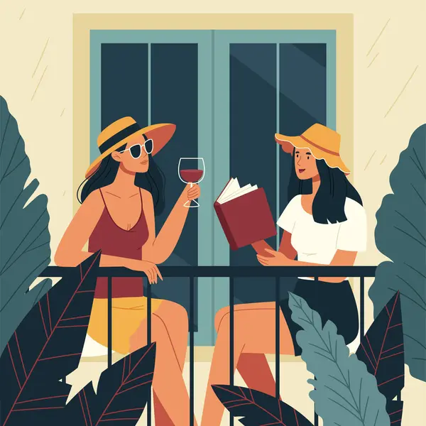 İki kız arkadaş kitap okuyor ve balkonda kırmızı şarap içiyor. Tropik yapraklar. Yaz havası.