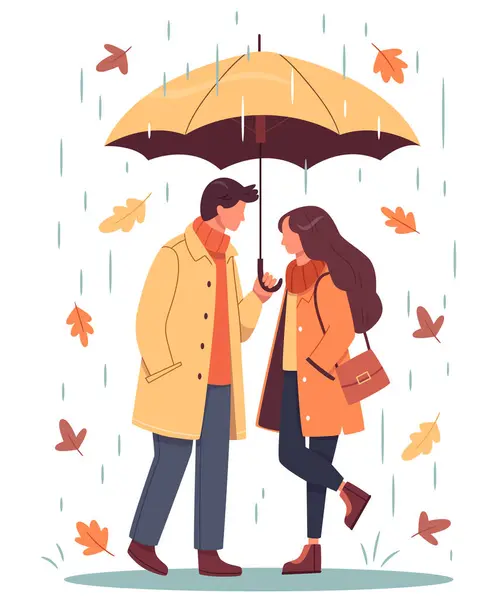 Aşk çifti yağmurda yürüyor. Yağmurlu günlerde romantik randevu, sonbahar mevsiminde hava. Şehir caddesinde şemsiye altında duran yağmurluklu mutlu çift. Düz grafik vektör çizimi izole edildi