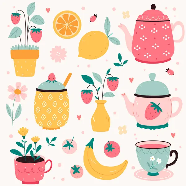 Çaydanlık, bardak ve çilekli şeker kasesi, limon ve muz. Tatlı yaz yemekleri. Parlak düz biçim illüstrasyonu.