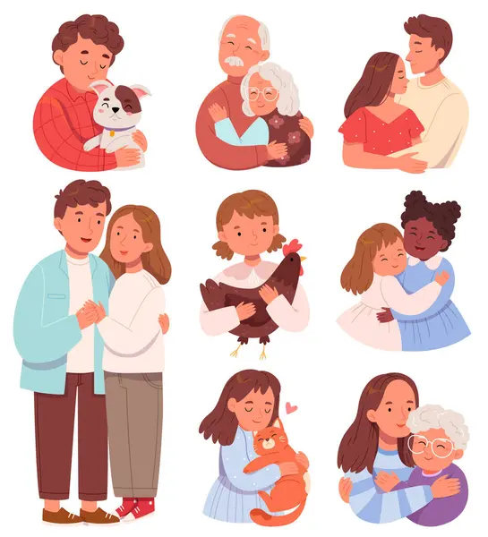 Sevgiyi ve pozitif duygu vektörü çizimini hisseden bir dizi düz çizgi film karakteri. Arkadaşların, çiftlerin, gençlerin ve evlilerin toplanması beyaz arka planda izole edilmiş.