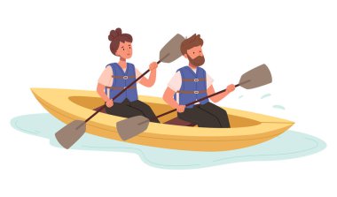 İnsanlar aktif su sporları illüstrasyonundan hoşlanırlar. Ekstrem erkek ve kadın rafting, kano, kano ve yelkencilik. Koruyucu yelek giyen farklı kişiler.