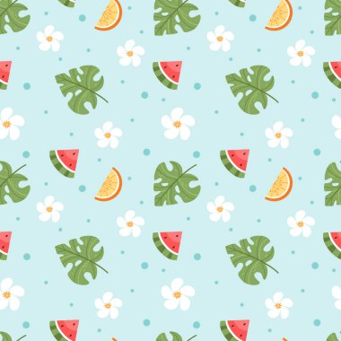 Mavi arka planda meyve, çiçek ve yapraklı yaz deseni. Canavar portakalı ve karpuz.