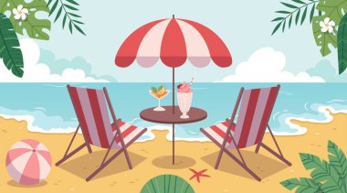 Okyanusa bakan güneşli karikatür tropik manzarası. Plajda kokteyller..