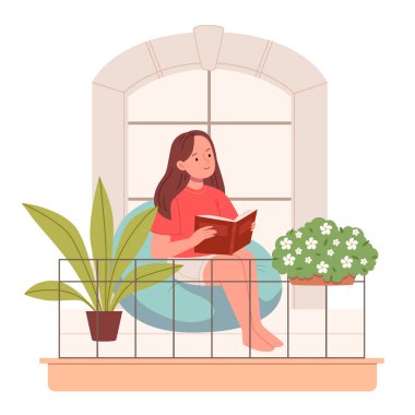 Kız dinleniyor ve balkonda bir kitap okuyor. Balkondaki bahçe..