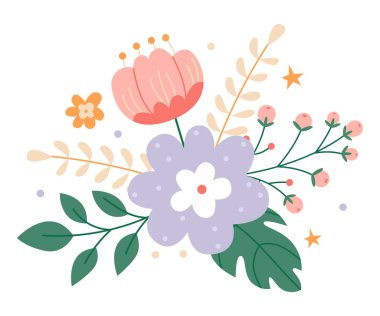 Çiçekli ve yapraklı vektör seti. Kompozisyonlarınız, tebrik kartlarınız ya da düğün davetiyeleriniz için öğeler. 