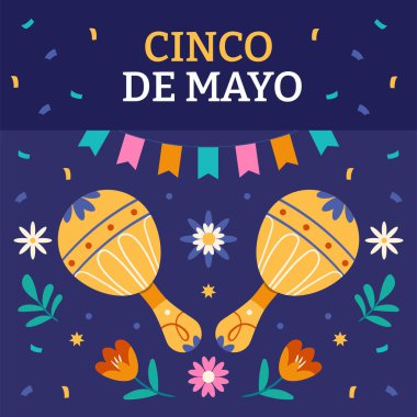 Cinco de Mayo Banner Maracas çiçekleri ve konfetiyle.