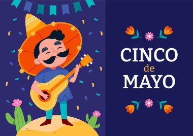 Cinco de Mayo bayramı için gitarlı Meksikalı Mariachi müzisyeni..