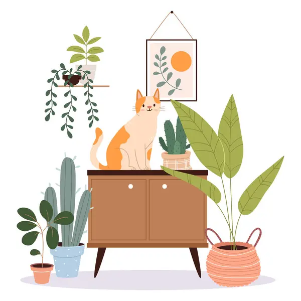 Dolapta ya da büfede oturan kedilerle, saksılarda, duvar resimlerinde, sepetlerde duran kedilerle dolu rahat bir oda. Mobilyalı kompozisyon ve ev dekorasyonu Hygge tarzında. Düz vektör illüstrasyonu.