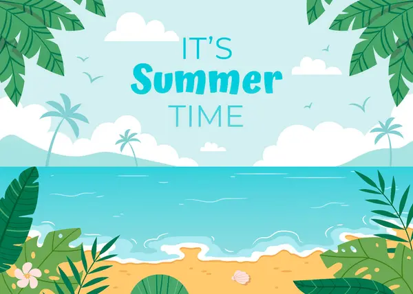 Vektör karikatür okyanus kumsalı arka planı. Mavi gökyüzü ve okyanus, beyaz kabarık bulutlar ve yeşil palmiyeler ile yaz arkaplanı..