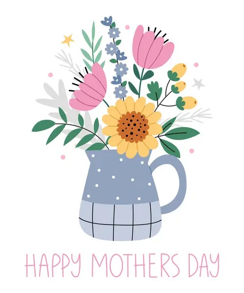İskandinav tarzında bahar buketli bir vazo. Anneler Günü kartpostalı.