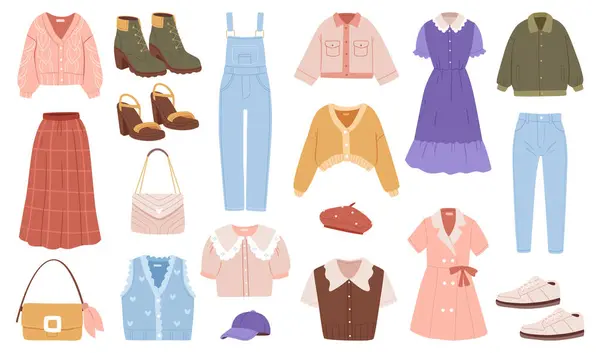 Bir kadın giysisi seti. Farklı giysi koleksiyonu. Modern gündelik elbise, pantolon, ceket, ayakkabı ve çantalar..
