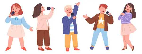 Bir grup şarkı söyleyen çocuk. Müzik okulu, çocuk müzik grubu ve çocuk korosu şarkıları. Çocuklar şarkı söylüyor ya da okul karaoke şarkıcısı karakteri.