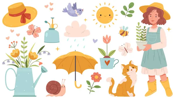 Bir dizi güzel bahar çizimleri. Elle çek. Çiçekler, şemsiye, kız, kedi, bahçe, güneş. Düz tasarım.