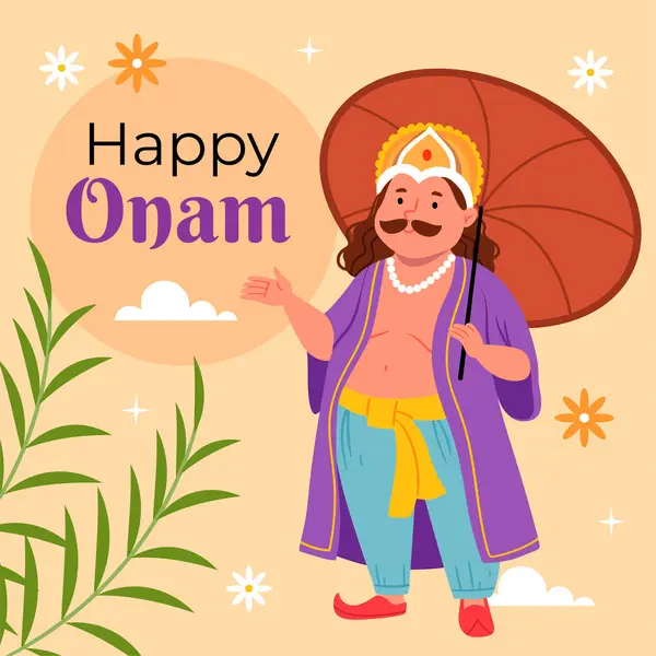 Kerala 'daki Onam Festivali kutlu olsun. Onam kutlaması, geleneksel Hint bayramı. Şemsiyeli Kral Mahabali. 