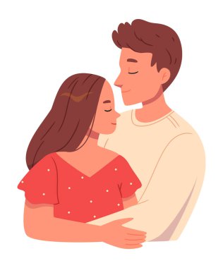 Aşk şefkati ve romantik duygular konsepti. Genç, sevgi dolu, gülümseyen bir çift. Kız ve erkek birbirlerine sarılıyorlar. Aşk vektörü illüstrasyonunda hissediyorlar.