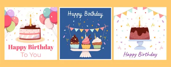 Bir sürü doğum günü kartı. Kekler, kekler, havai fişekler, konfetiler, balonlar. Doğum günün kutlu olsun, neşeli ruh hali. Pastel renkler. El çizimi.