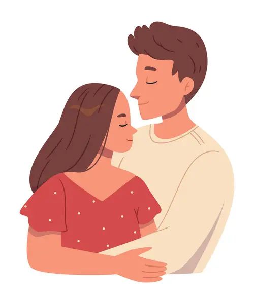 Aşk şefkati ve romantik duygular konsepti. Genç, sevgi dolu, gülümseyen bir çift. Kız ve erkek birbirlerine sarılıyorlar. Aşk vektörü illüstrasyonunda hissediyorlar.